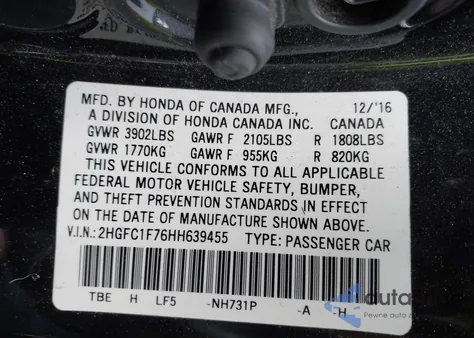 2017 Honda Civic Ex-L из США, поврежденный, VIN 2HGFC1F76HH639455